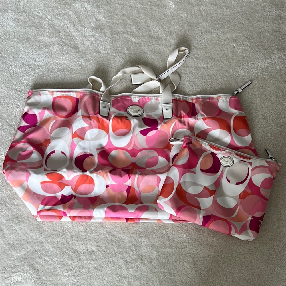 Coach Pink and White Travel Tote Bag Set